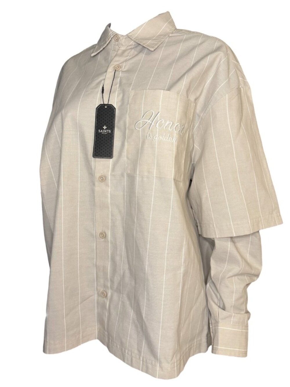 SAINTS STUDIO “Honor Is Golden” Taupe Stripe Button Up Shirt NWT Unisex